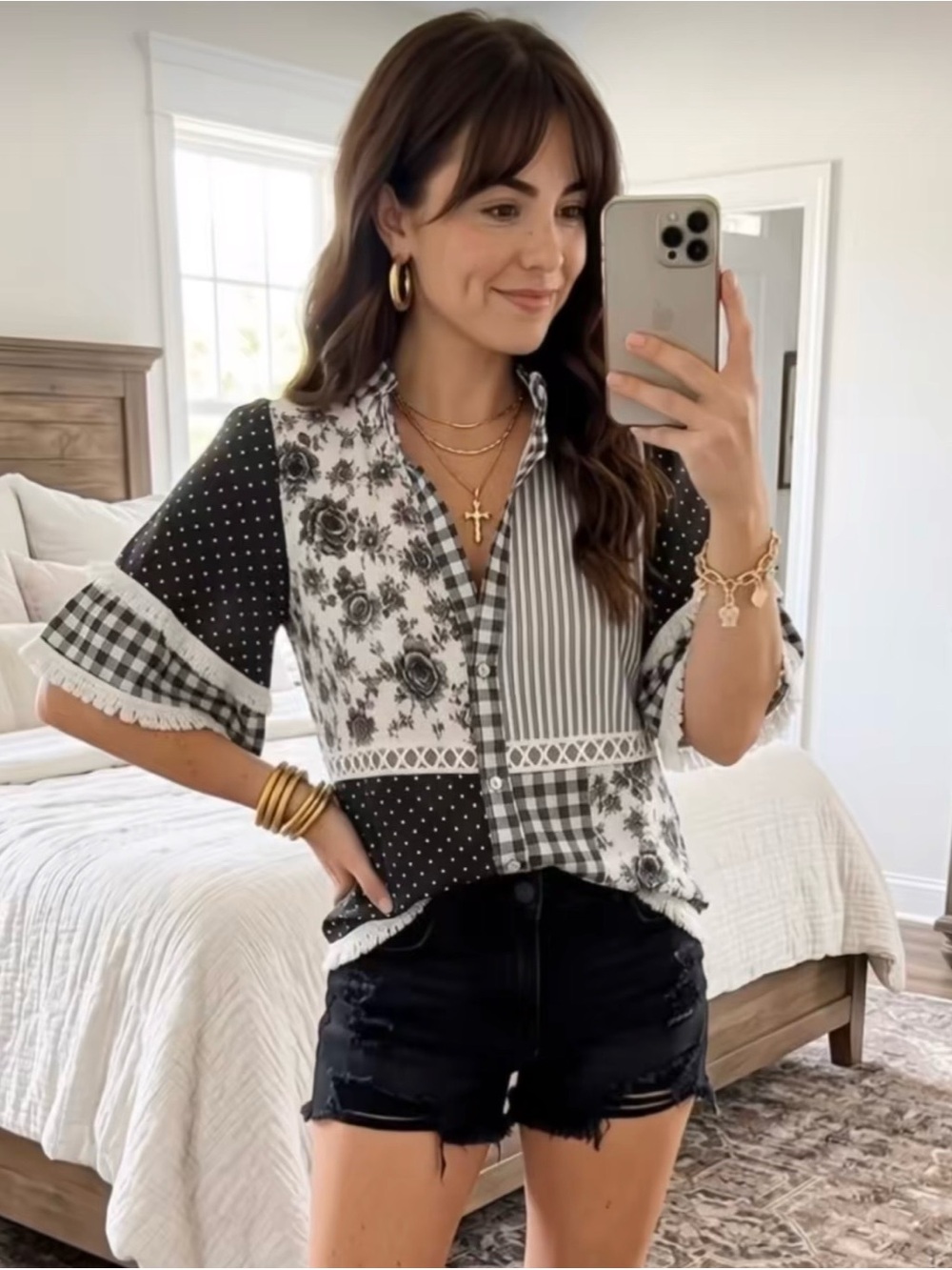 Black & White Mixed-Print Button Front Blouse L